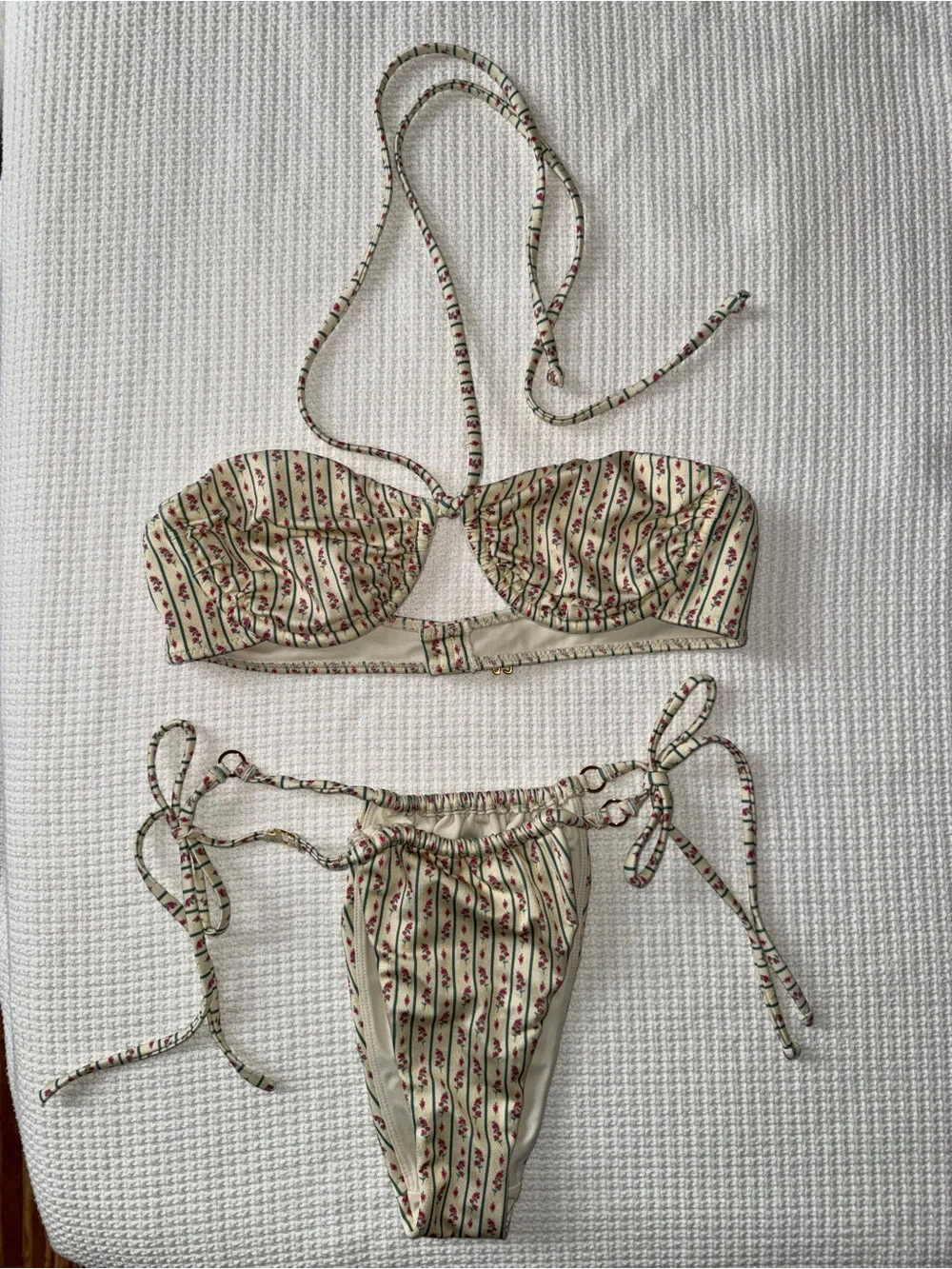 Women’s White Floral Stripe Tie-Side Bikini Like New - Picture 2 of 7
